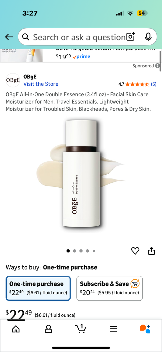 OBgE All-in-One Double Essence (3.4fl oz) - Facial Skin Care Moisturizer for Men. Travel Essentials. Lightweight Moisturizer for Troubled Skin, Blackheads, Pores & Dry Skin