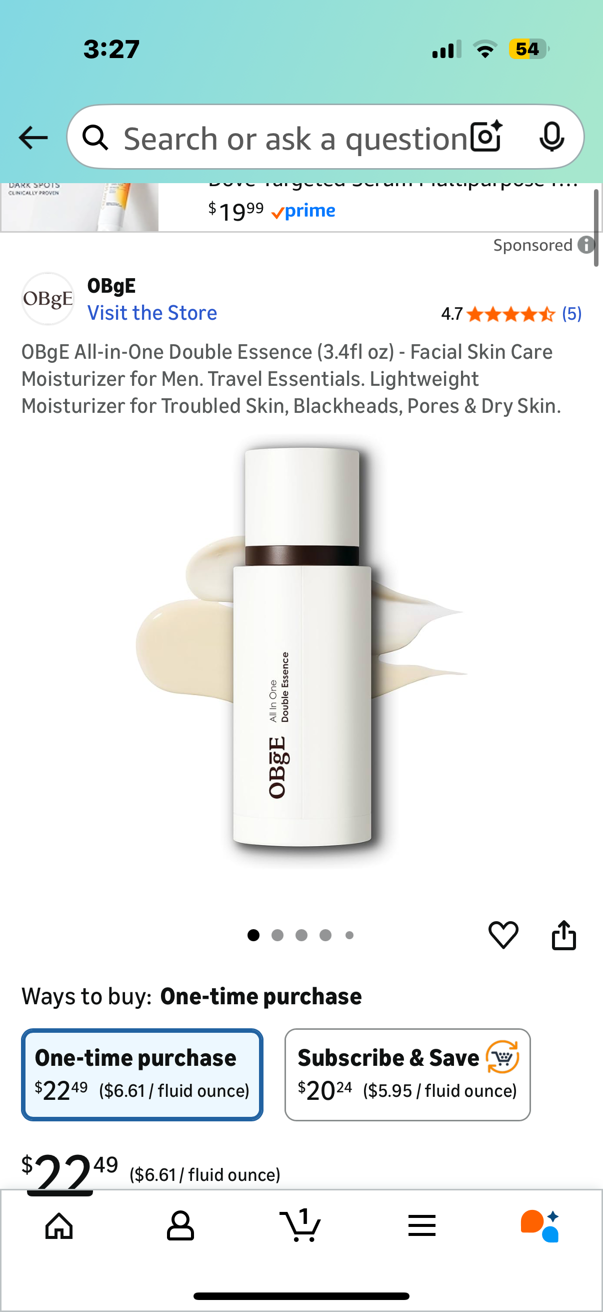 OBgE All-in-One Double Essence (3.4fl oz) - Facial Skin Care Moisturizer for Men. Travel Essentials. Lightweight Moisturizer for Troubled Skin, Blackheads, Pores & Dry Skin