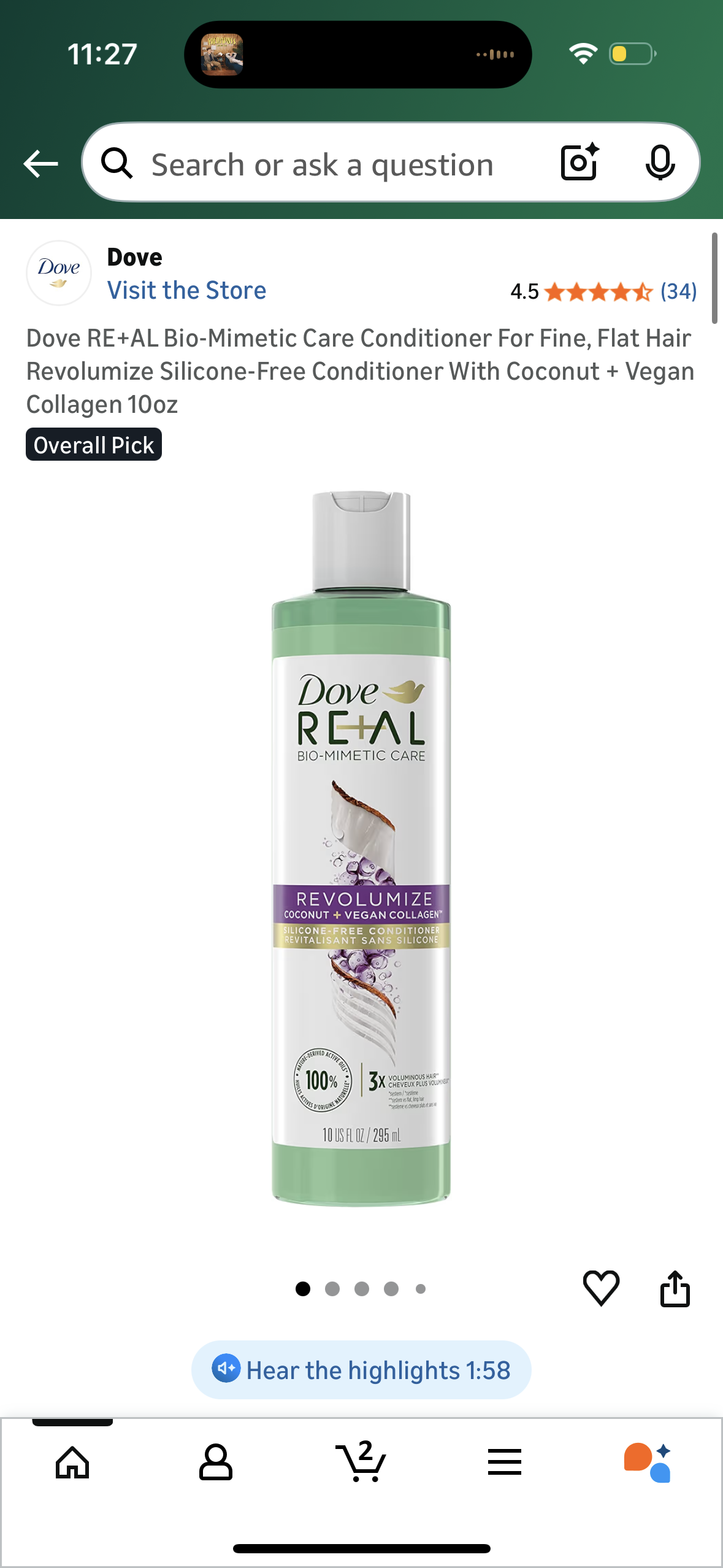 Dove RE+AL Bio-Mimetic Care Conditioner For Fine, Flat Hair Revolumize Silicone-Free Conditioner With Coconut + Vegan Collagen 10oz