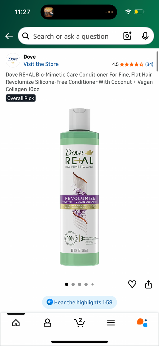 Dove RE+AL Bio-Mimetic Care Conditioner For Fine, Flat Hair Revolumize Silicone-Free Conditioner With Coconut + Vegan Collagen 10oz
