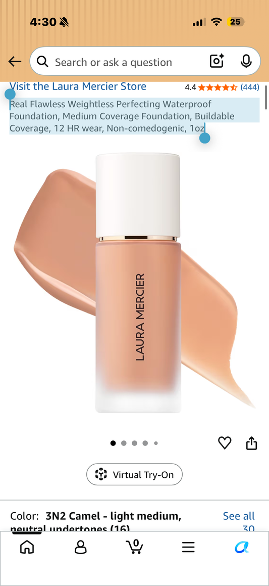 Laura Mercier Real Flawless Weightless Perfecting Waterproof Foundation, Medium Coverage Foundation, Buildable Coverage, 12 HR wear, Non-comedogenic, 1oz CAMEL