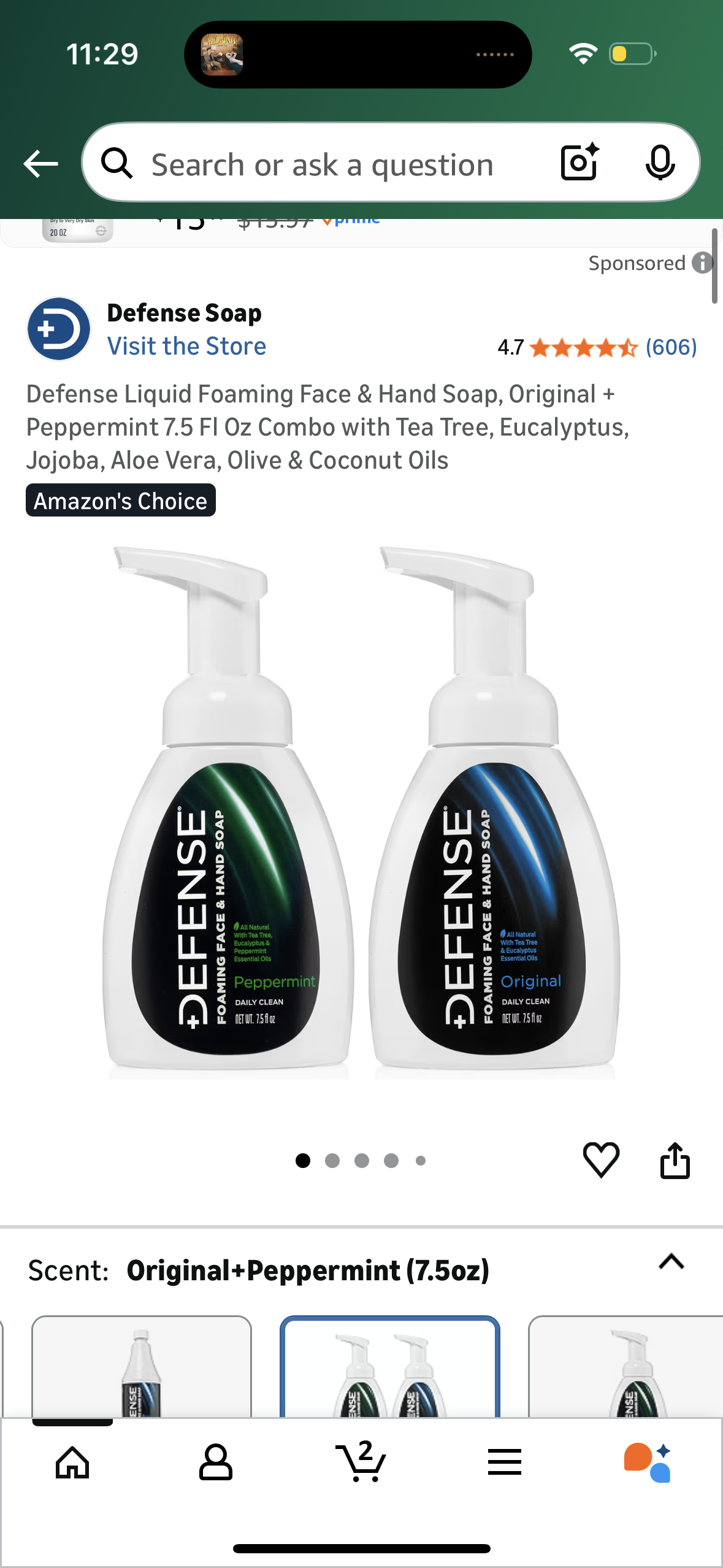 Defense Liquid Foaming Face & Hand Soap, Original + Peppermint 7.5 Fl Oz Combo with Tea Tree, Eucalyptus, Jojoba, Aloe Vera, Olive & Coconut Oils