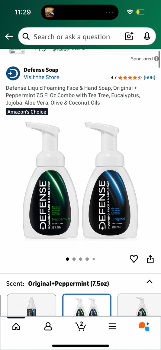 Defense Liquid Foaming Face & Hand Soap, Original + Peppermint 7.5 Fl Oz Combo with Tea Tree, Eucalyptus, Jojoba, Aloe Vera, Olive & Coconut Oils