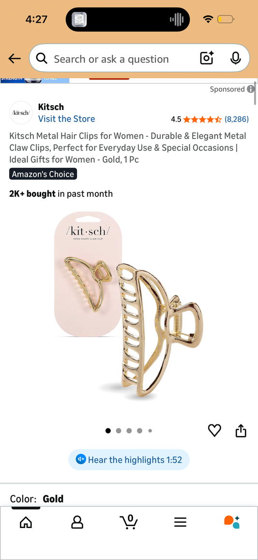 Kitsch Metal Hair Clips for Women - Durable & Elegant Metal Claw Clips, Perfect for Everyday Use & Special Occasions | Ideal Gifts for Women - Gold, 1 Pc