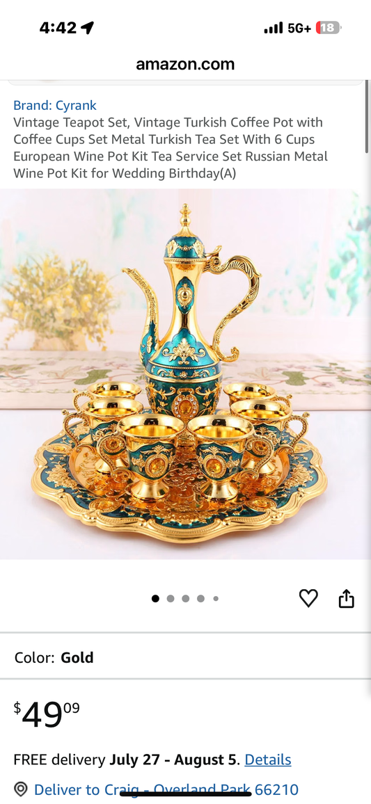 Vintage Teapot Set, Vintage Turkish Coffee Pot with Coffee Cups Set, Metal Turkish Tea Set With 6 Cups, European Wine Pot Kit, Tea Service Set
