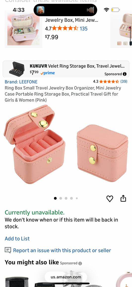 Ring Box Small Travel Jewelry Box Organizer, Mini Jewelry Case Portable Ring Storage Box, Practical Travel Gift for Girls & Women (Pink)