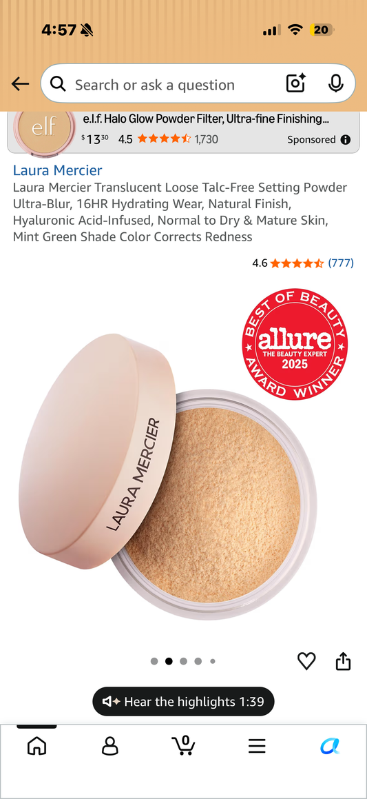 Laura Mercier Translucent Loose Talc-Free Setting Powder Ultra-Blur, 16HR Hydrating Wear, Natural Finish, Hyaluronic Acid-Infused, Normal to Dry & Mature Skin, Mint Green Shade Color Corrects Redness HONEY