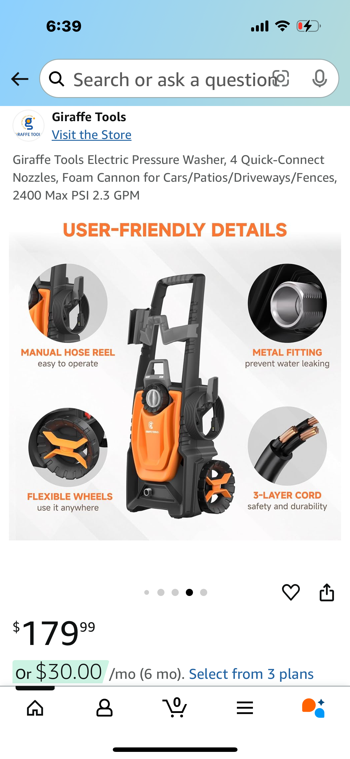 Giraffe Tools Electric Pressure Washer, 4 Quick-Connect Nozzles, Foam Cannon for Cars/Patios/Driveways/Fences, 2400 Max PSI 2.3 GPM