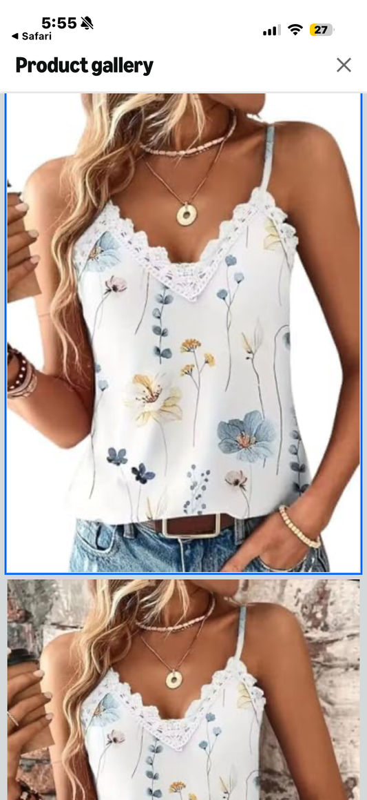Lace Tank Tops for Women Summer Lace Splicing Spaghetti Strap Shirt Hollow Out Crochet Floral Print Camisole (Size Small)