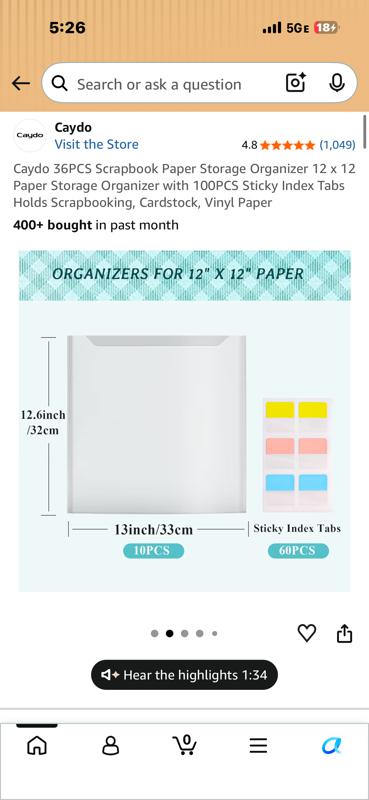 Caydo 36PCS Scrapbook Paper Storage Organizer 12 x 12 Paper Storage Organizer with 100PCS Sticky Index Tabs Holds Scrapbooking, Cardstock, Vinyl Paper