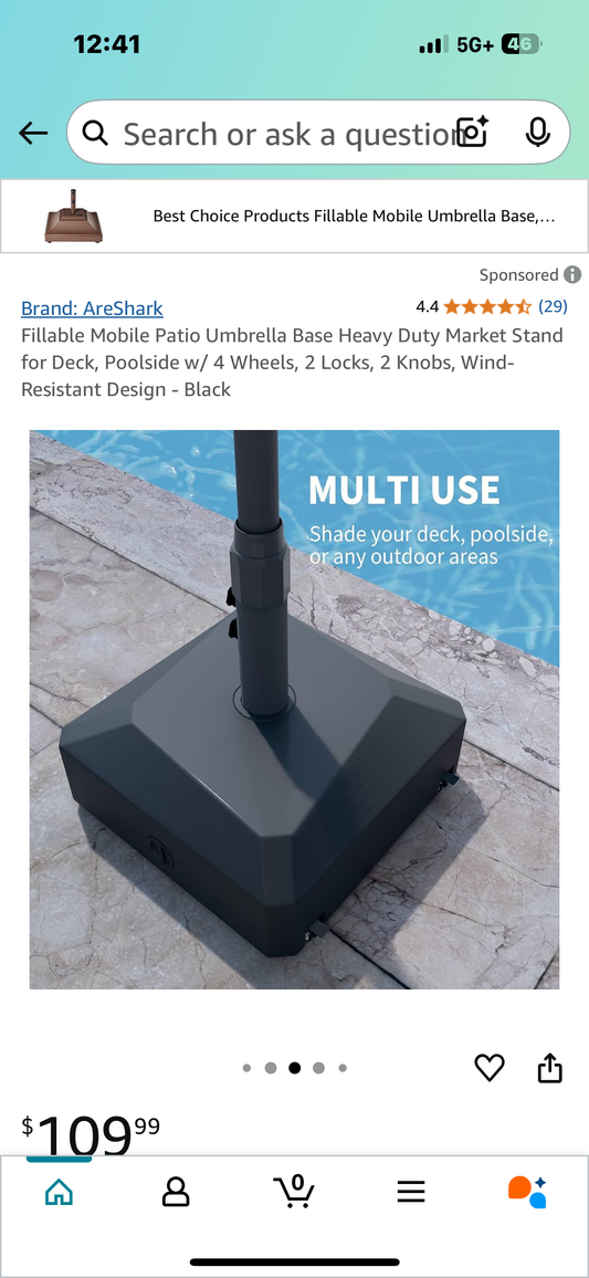 Fillable Mobile Patio Umbrella Base Heavy Duty Market Stand for Deck, Poolside w/ 4 Wheels, 2 Locks, 2 Knobs, Wind-Resistant Design - Black