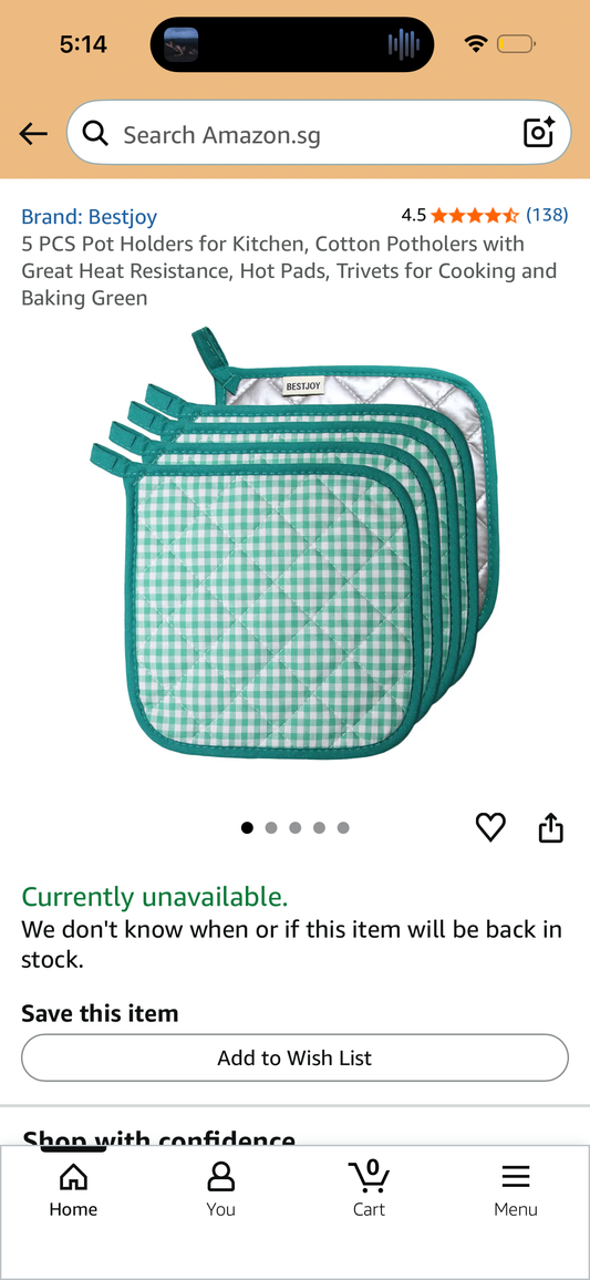 5 PCS Pot Holders for Kitchen, Cotton Potholers with Great Heat Resistance, Hot Pads, Trivets for Cooking and Baking Green