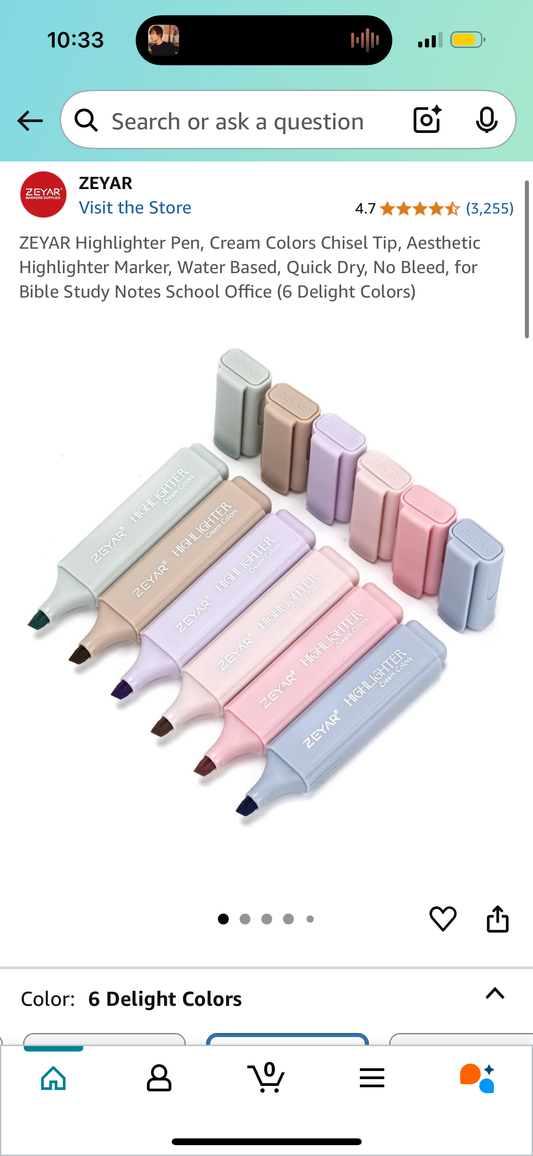 ZEYAR Highlighter Pen, Cream Colors Chisel Tip, Aesthetic Highlighter Marker, Water Based, Quick Dry, No Bleed, for Bible Study Notes School Office (6 Delight Colors)