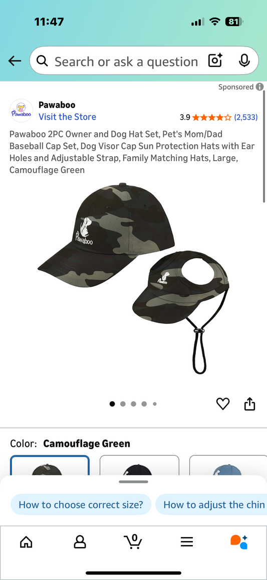 Pawaboo 2PC Owner and Dog Hat Set, Pet's Mom/Dad Baseball Cap Set, Dog Visor Cap Sun Protection Hats with Ear Holes and Adjustable Strap, Family Matching Hats, Large, Camouflage Green