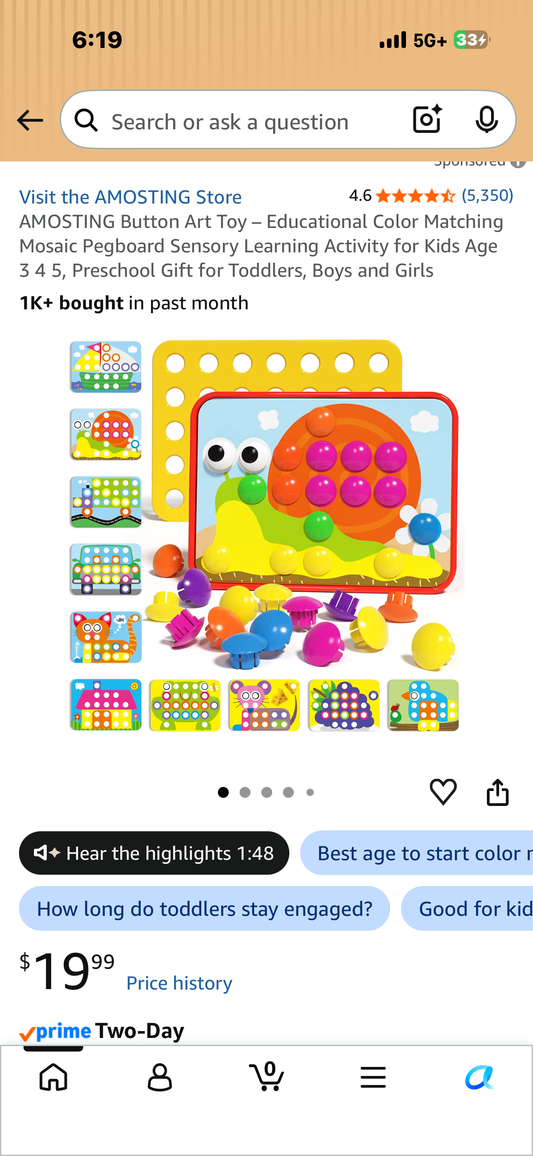 AMOSTING Button Art Toy – Educational Color Matching Mosaic Pegboard Sensory Learning Activity for Kids Age 3 4 5, Preschool Gift for Toddlers, Boys and Girls