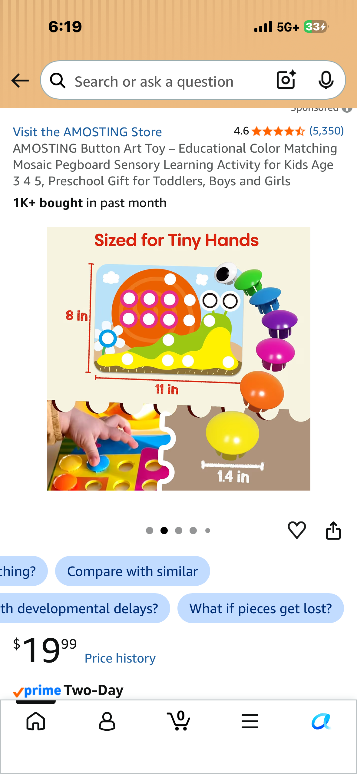 AMOSTING Button Art Toy – Educational Color Matching Mosaic Pegboard Sensory Learning Activity for Kids Age 3 4 5, Preschool Gift for Toddlers, Boys and Girls