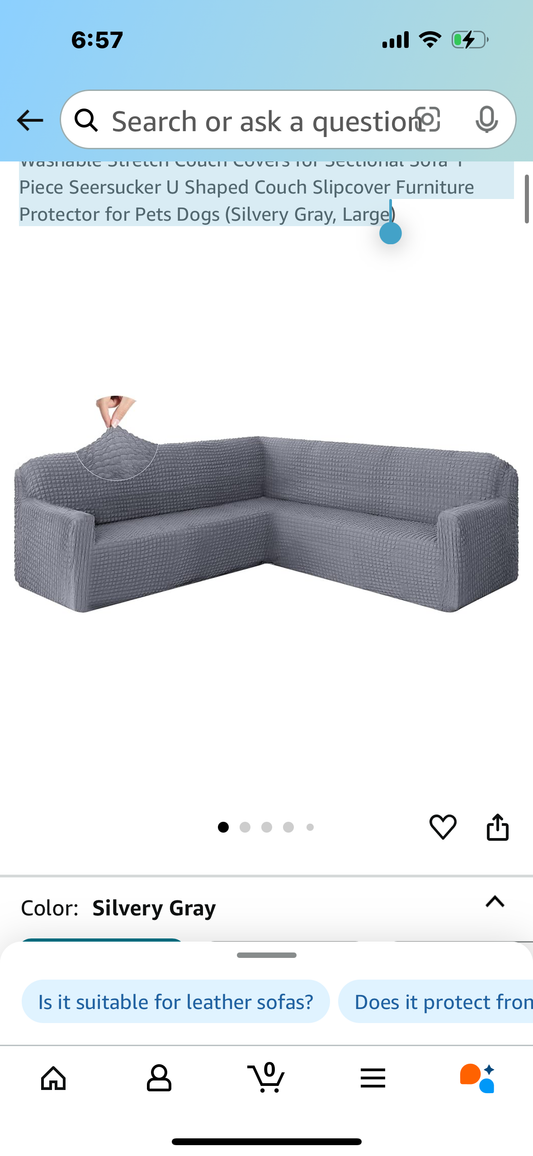 Sectional Couch Cover L Shape Sofa Covers Washable Stretch Couch Covers for Sectional Sofa 1 Piece Seersucker U Shaped Couch Slipcover Furniture Protector for Pets Dogs (Silvery Gray, Large