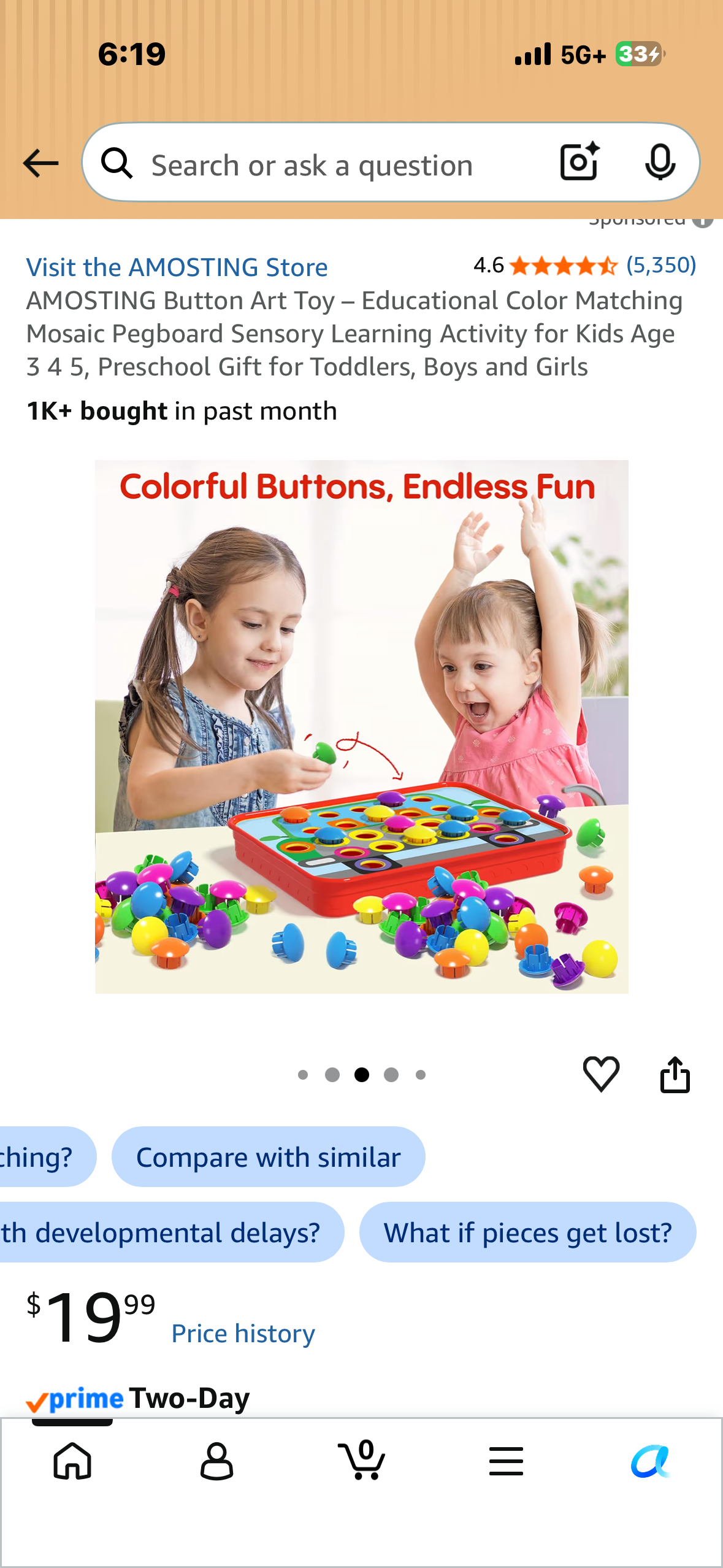 AMOSTING Button Art Toy – Educational Color Matching Mosaic Pegboard Sensory Learning Activity for Kids Age 3 4 5, Preschool Gift for Toddlers, Boys and Girls