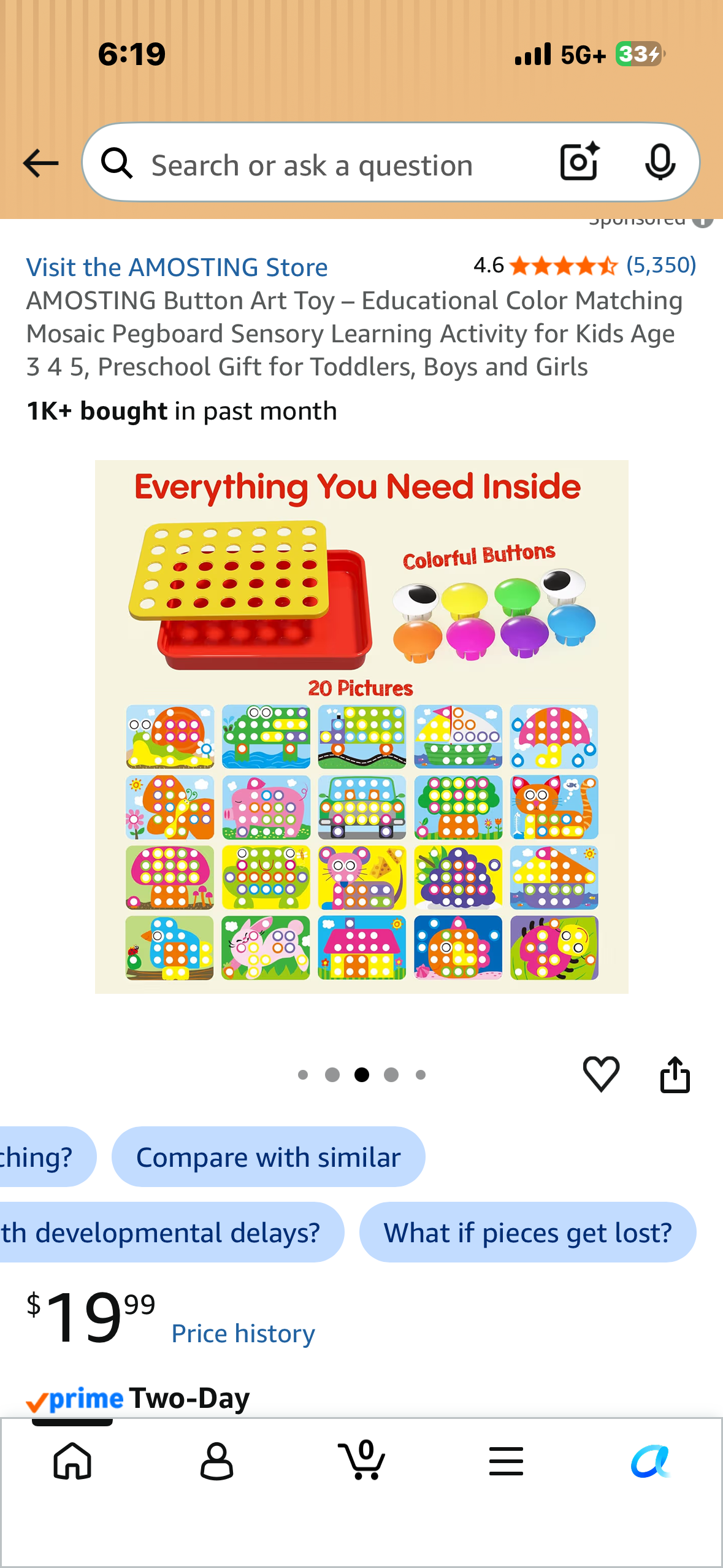AMOSTING Button Art Toy – Educational Color Matching Mosaic Pegboard Sensory Learning Activity for Kids Age 3 4 5, Preschool Gift for Toddlers, Boys and Girls