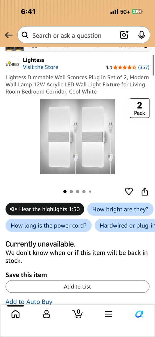 Lightess Dimmable Wall Sconces Plug in Set of 2, Modern Wall Lamp 12W Acrylic LED Wall Light Fixture for Living Room Bedroom Corridor, Cool White