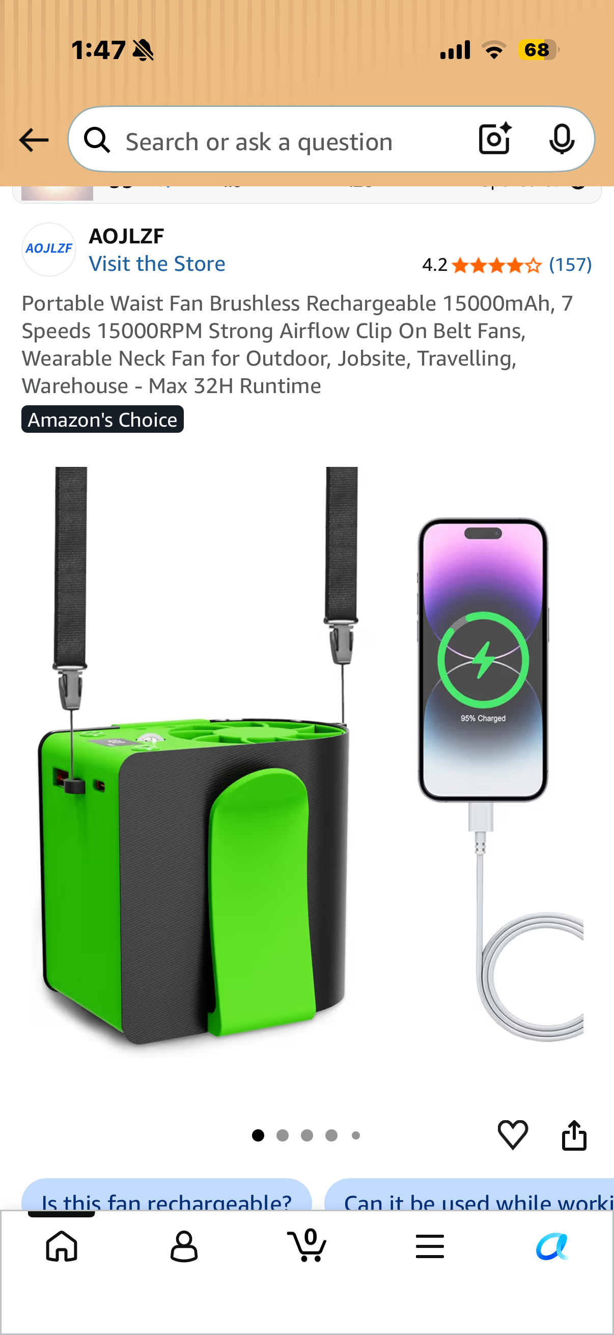 Portable Waist Fan Brushless Rechargeable 15000mAh, 7 Speeds 15000RPM Strong Airflow Clip On Belt Fans, Wearable Neck Fan for Outdoor, Jobsite, Travelling, Warehouse - Max 32H Runtime