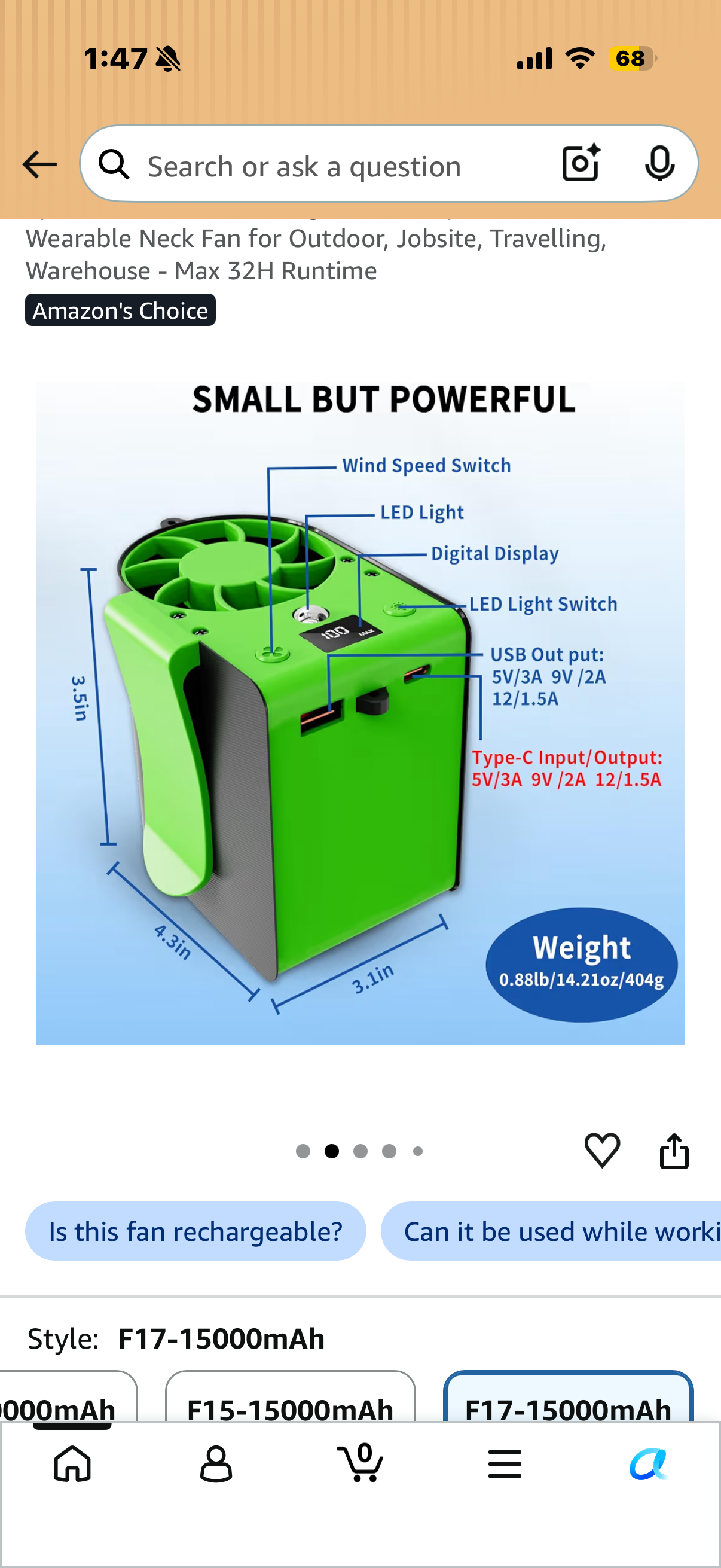 Portable Waist Fan Brushless Rechargeable 15000mAh, 7 Speeds 15000RPM Strong Airflow Clip On Belt Fans, Wearable Neck Fan for Outdoor, Jobsite, Travelling, Warehouse - Max 32H Runtime