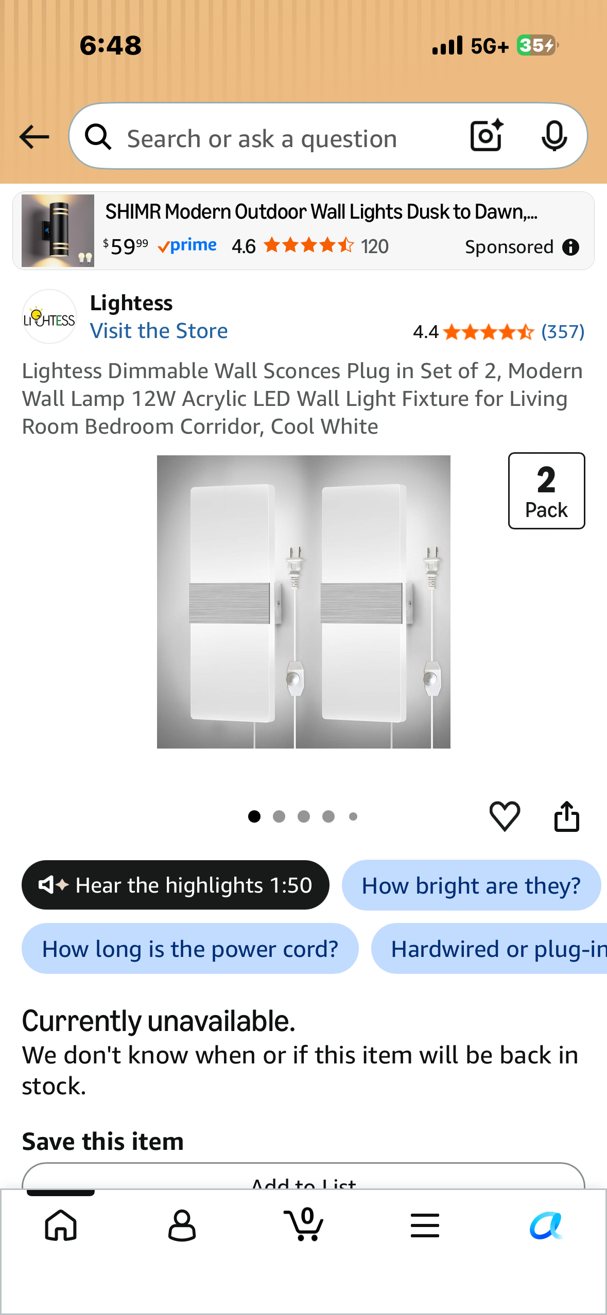 Lightess Dimmable Wall Sconces Plug in Set of 2, Modern Wall Lamp 12W Acrylic LED Wall Light Fixture for Living Room Bedroom Corridor, Cool White