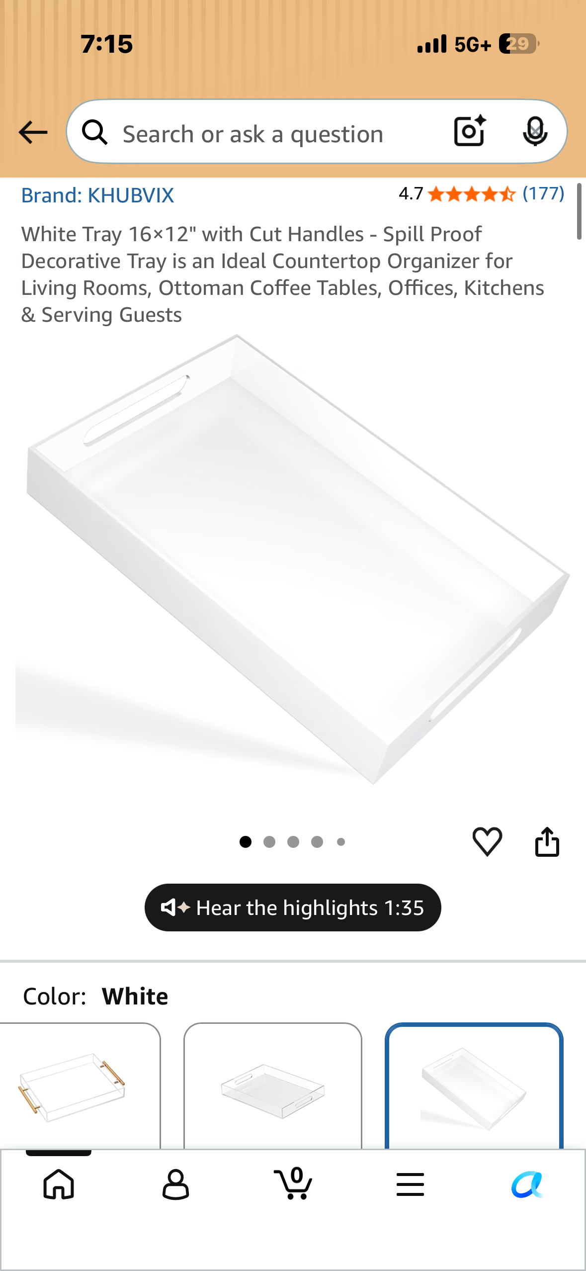 White Tray 16x12" with Cut Handles - Spill Proof Decorative Tray is an Ideal Countertop Organizer for Living Rooms, Ottoman Coffee Tables, Offices, Kitchens & Serving Guests