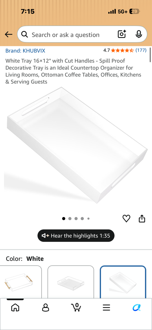 White Tray 16x12" with Cut Handles - Spill Proof Decorative Tray is an Ideal Countertop Organizer for Living Rooms, Ottoman Coffee Tables, Offices, Kitchens & Serving Guests