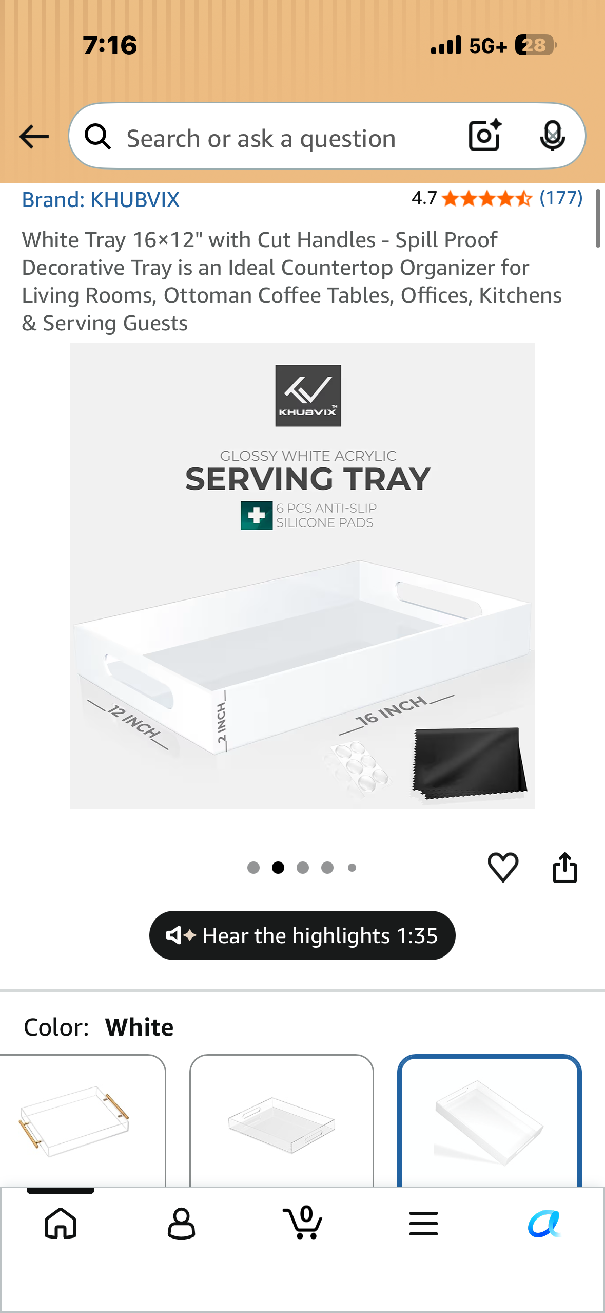 White Tray 16x12" with Cut Handles - Spill Proof Decorative Tray is an Ideal Countertop Organizer for Living Rooms, Ottoman Coffee Tables, Offices, Kitchens & Serving Guests