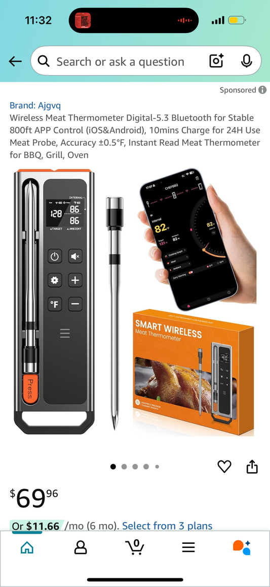 Wireless Meat Thermometer Digital-5.3 Bluetooth for Stable 800ft APP Control (iOS&Android), 10mins Charge for 24H Use Meat Probe, Accuracy ±0.5°F, Instant Read Meat Thermometer for BBQ, Grill, Oven