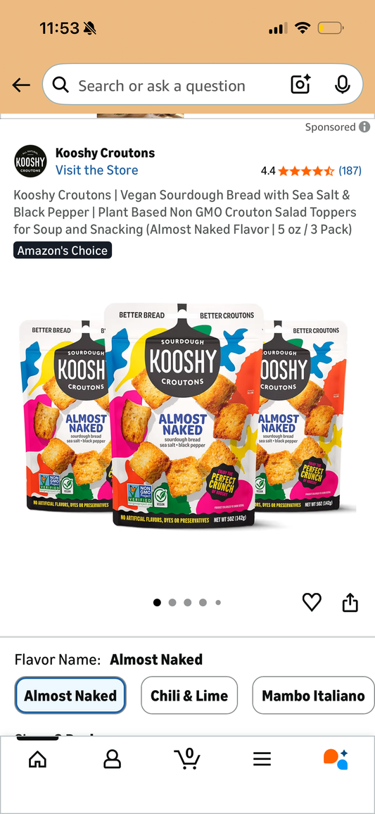 Kooshy Croutons | Vegan Sourdough Bread with Sea Salt & Black Pepper | Plant Based Non GMO Crouton Salad Toppers for Soup and Snacking (Almost Naked Flavor | 5 oz / 3 Pack) (Copy)