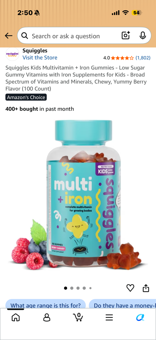 Squiggles Kids Multivitamin + Iron Gummies - Low Sugar Gummy Vitamins with Iron Supplements for Kids - Broad Spectrum of Vitamins and Minerals, Chewy, Yummy Berry Flavor (100 Count, Best By 10/27)