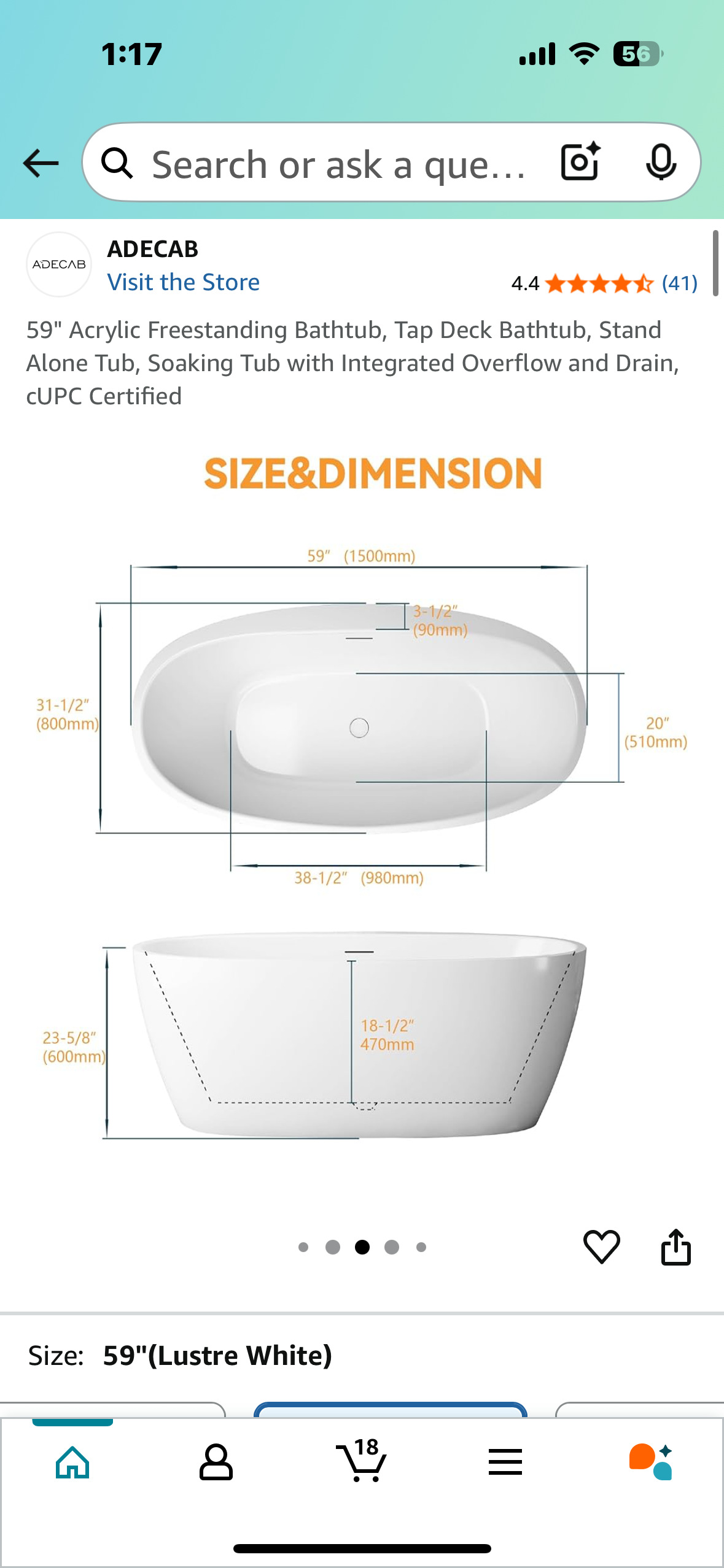 59" Acrylic Freestanding Bathtub, Tap Deck Bathtub, Soaking Tub with Integrated Overflow and Drain, CUPC Certified (R605)