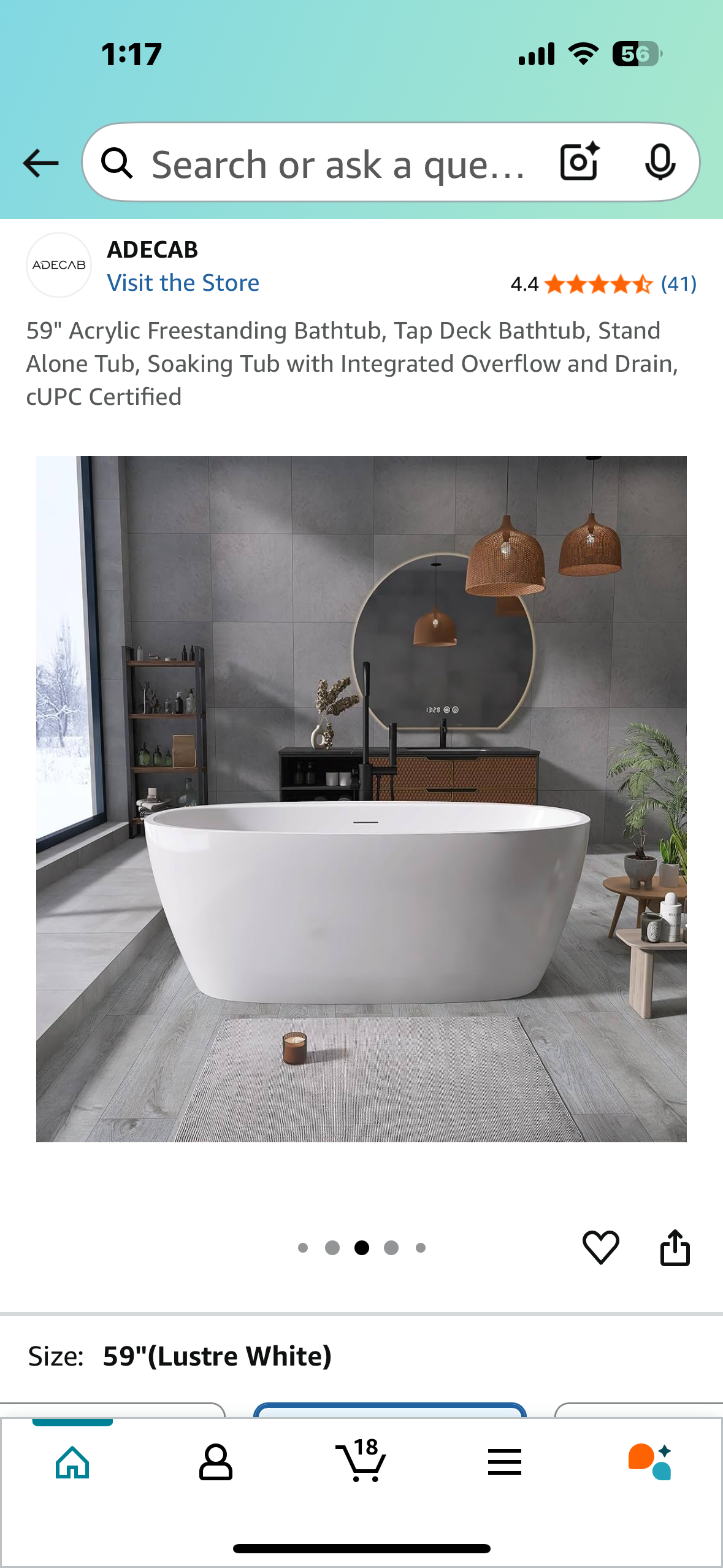 59" Acrylic Freestanding Bathtub, Tap Deck Bathtub, Soaking Tub with Integrated Overflow and Drain, CUPC Certified (R605)