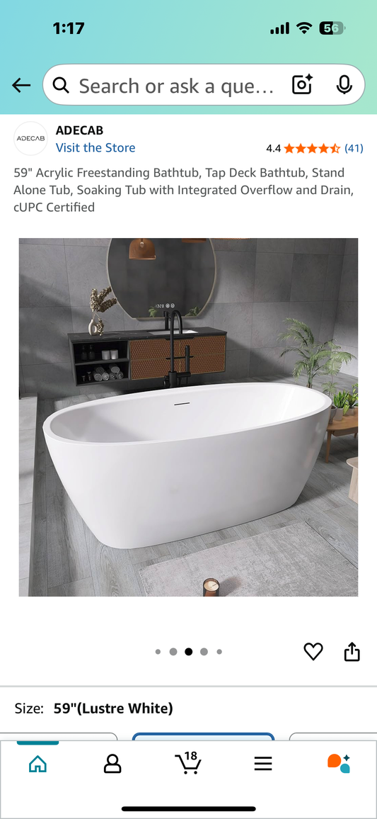 59" Acrylic Freestanding Bathtub, Tap Deck Bathtub, Soaking Tub with Integrated Overflow and Drain, CUPC Certified (R605)