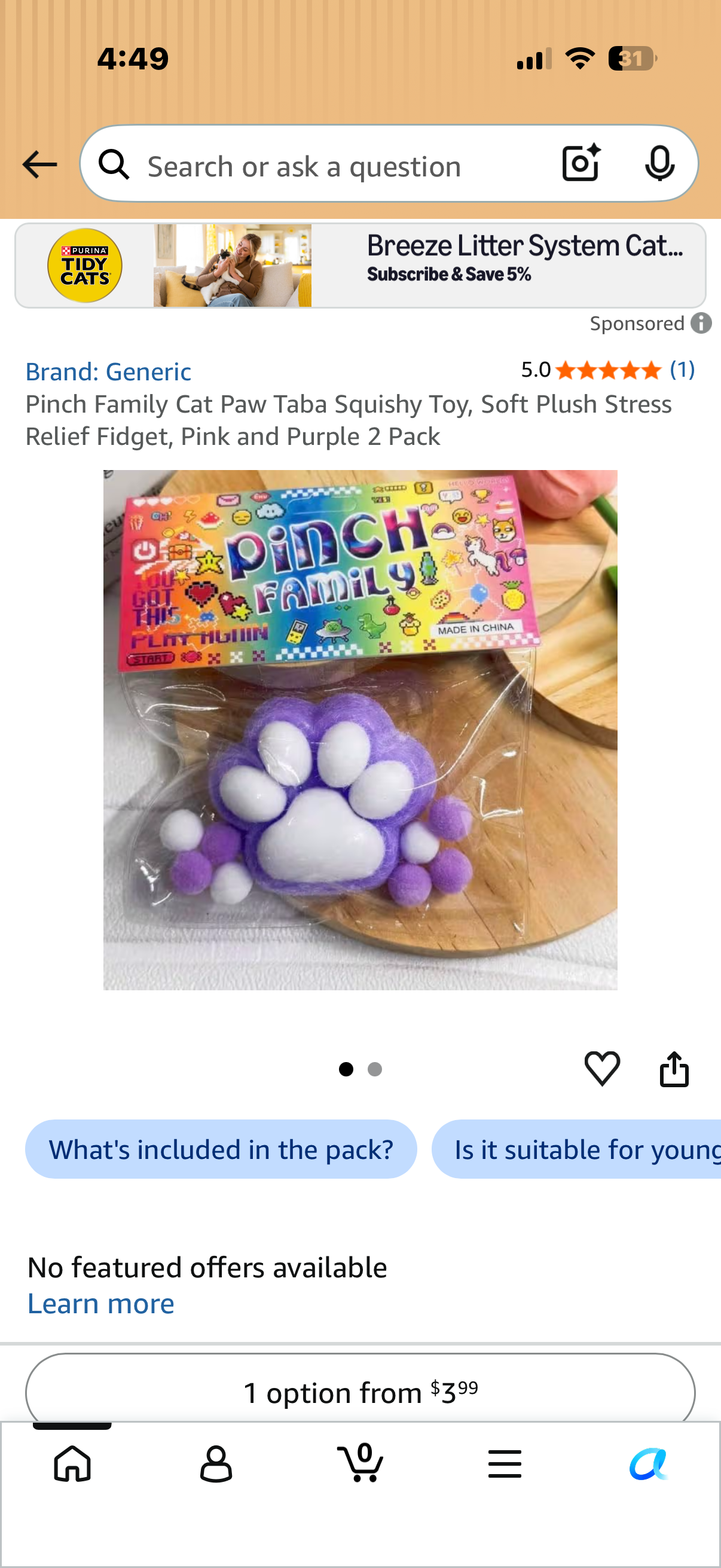 ‼️ 4 for the price of 2‼️ Pinch Family Cat Paw Taba Squishy Toy, Soft Plush Stress Relief Fidget, Pink and Purple or Blue 2 Pack