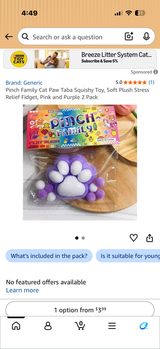 ‼️ 4 for the price of 2‼️ Pinch Family Cat Paw Taba Squishy Toy, Soft Plush Stress Relief Fidget, Pink and Purple or Blue 2 Pack