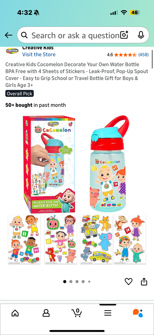 Creative Kids Cocomelon Decorate Your Own Water Bottle BPA Free with 4 Sheets of Stickers - Leak-Proof, Pop-Up Spout Cover - Easy to Grip School or Travel Bottle Gift for Boys & Girls Age 3