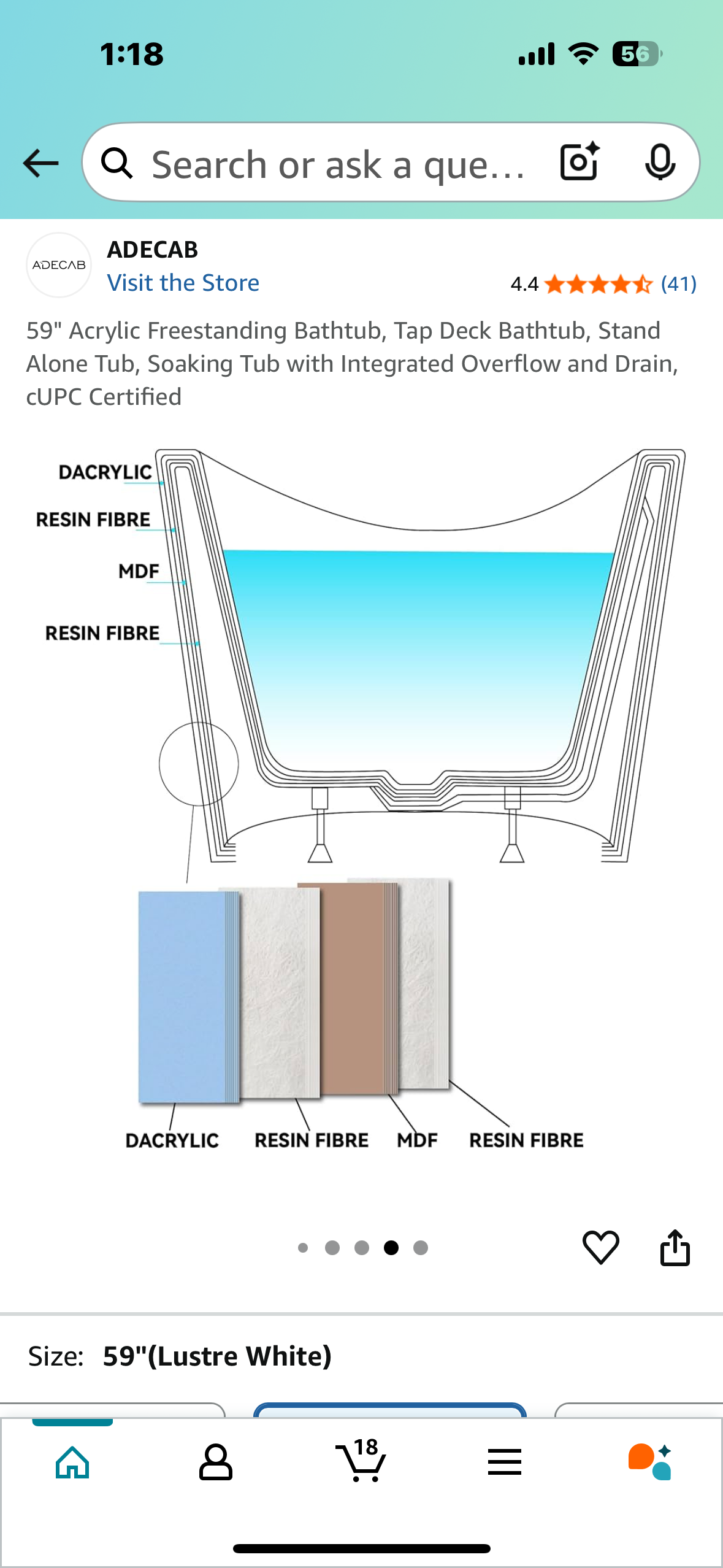 59" Acrylic Freestanding Bathtub, Tap Deck Bathtub, Soaking Tub with Integrated Overflow and Drain, CUPC Certified (R605)