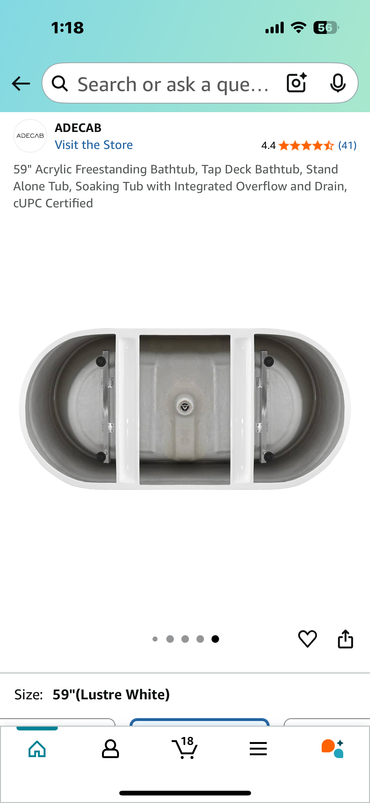 59" Acrylic Freestanding Bathtub, Tap Deck Bathtub, Soaking Tub with Integrated Overflow and Drain, CUPC Certified (R605)