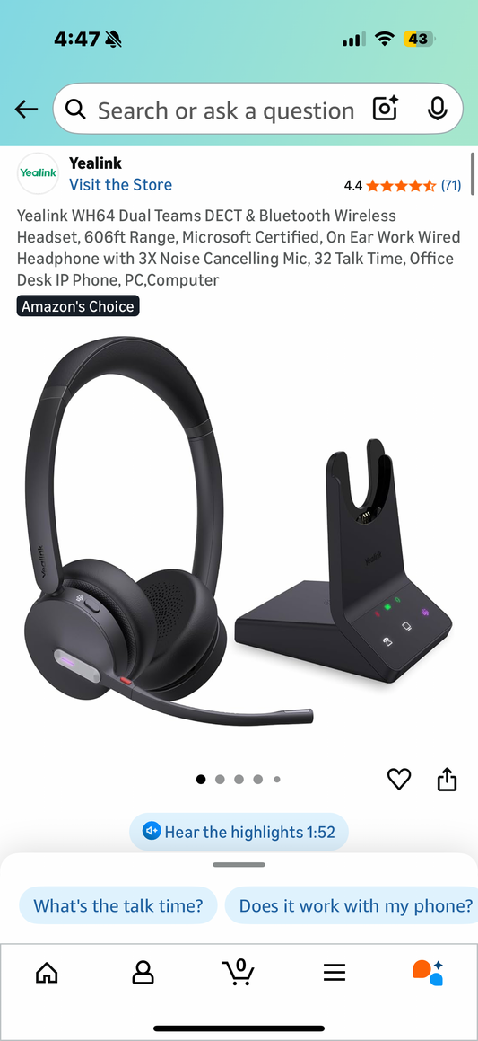 Yealink WH64 Dual Teams DECT & Bluetooth Wireless Headset, 606ft Range, Microsoft Certified, On Ear Work Wired Headphone with 3X Noise Cancelling Mic, 32 Talk Time, Office Desk IP Phone, PC,Computer