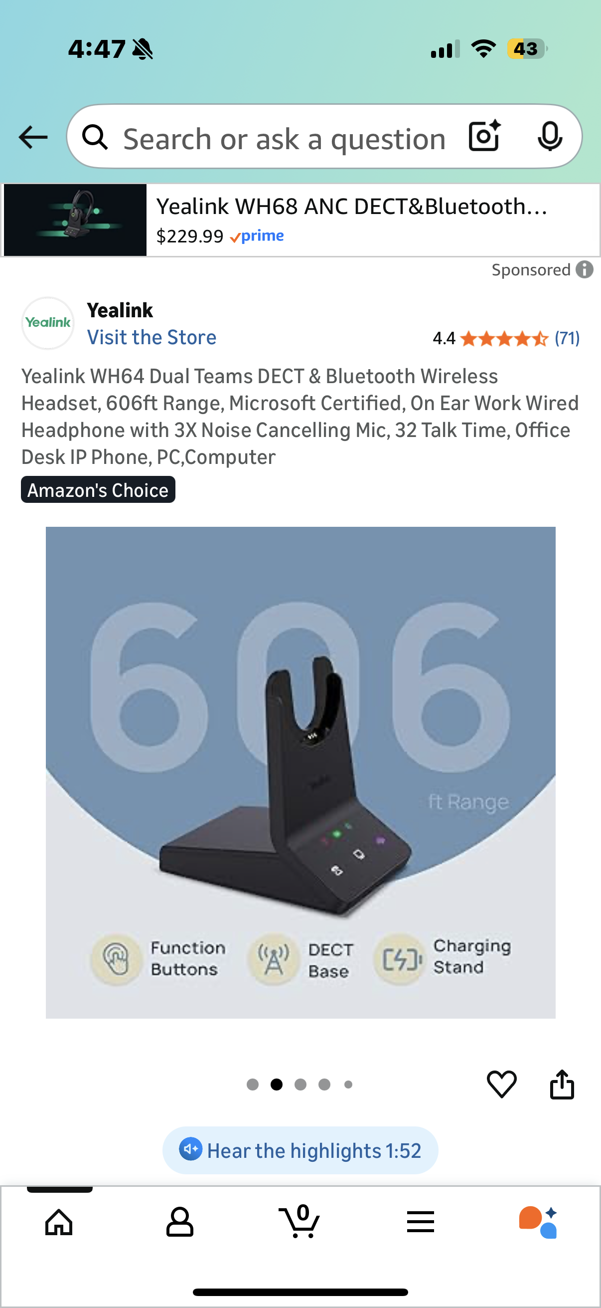 Yealink WH64 Dual Teams DECT & Bluetooth Wireless Headset, 606ft Range, Microsoft Certified, On Ear Work Wired Headphone with 3X Noise Cancelling Mic, 32 Talk Time, Office Desk IP Phone, PC,Computer