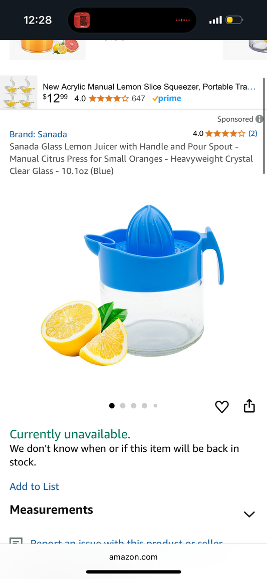 Sanada Glass Lemon Juicer with Handle and Pour Spout - Manual Citrus Press for Small Oranges - Heavyweight Crystal Clear Glass - 10.1oz (Blue)