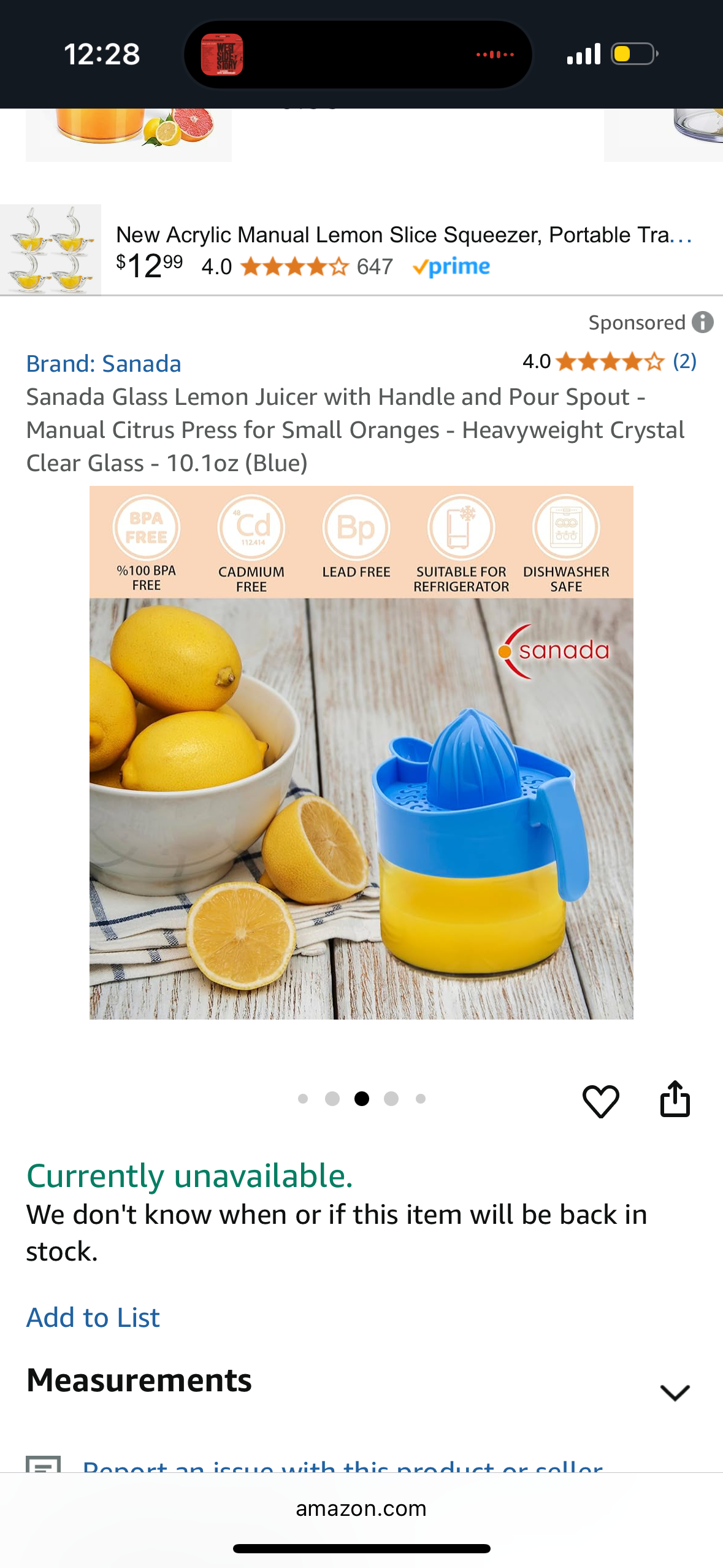 Sanada Glass Lemon Juicer with Handle and Pour Spout - Manual Citrus Press for Small Oranges - Heavyweight Crystal Clear Glass - 10.1oz (Blue)
