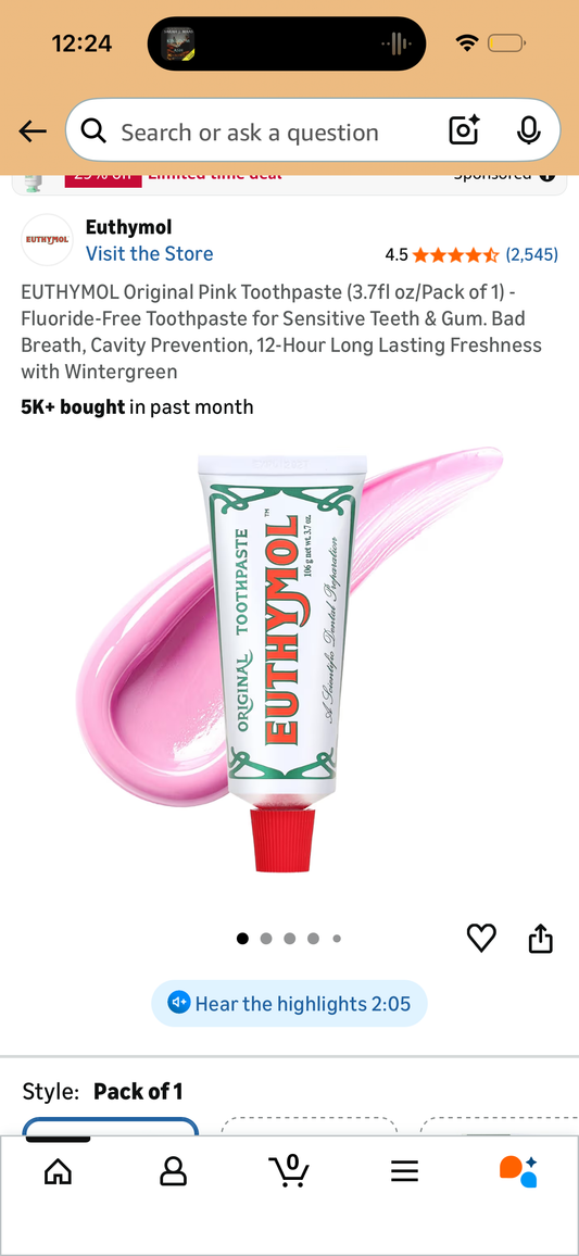 EUTHYMOL Original Pink Toothpaste (3.7fl oz/Pack of 1) - Fluoride-Free Toothpaste for Sensitive Teeth & Gum. Bad Breath, Cavity Prevention, 12-Hour Long Lasting Freshness with Wintergreen