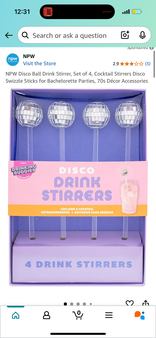 NPW Disco Ball Drink Stirrer, Set of 4, Cocktail Stirrers Disco Swizzle Sticks for Bachelorette Parties, 70s Décor Accessories