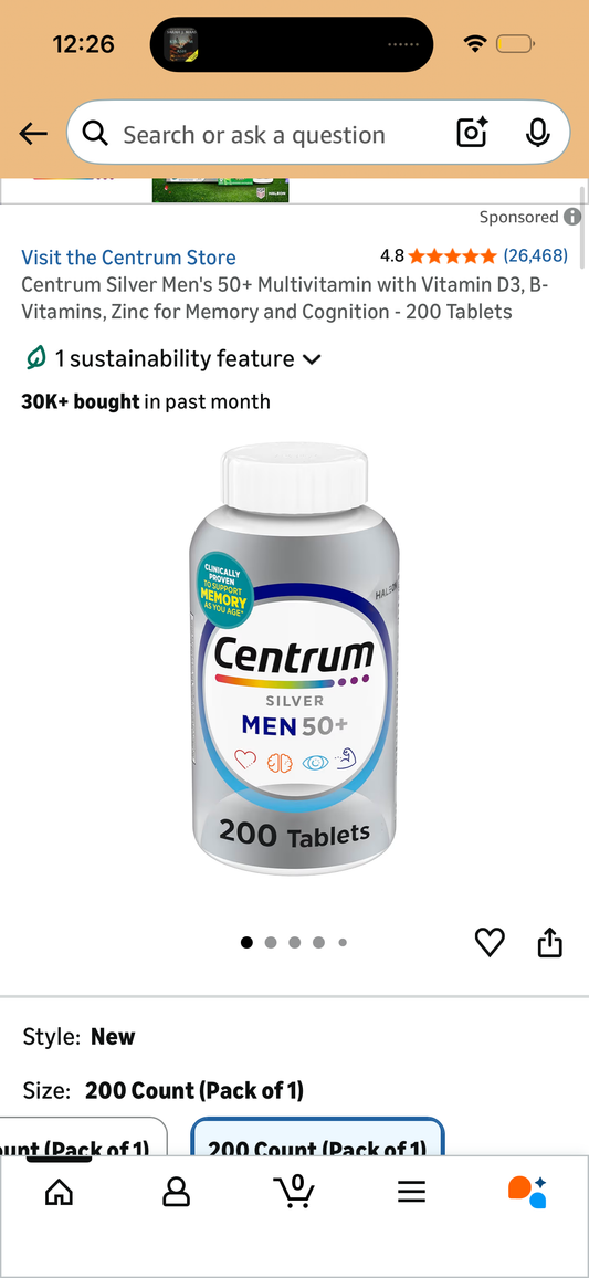 Centrum Silver Men's 50+ Multivitamin with Vitamin D3, B-Vitamins, Zinc for Memory and Cognition - 200 Tablets