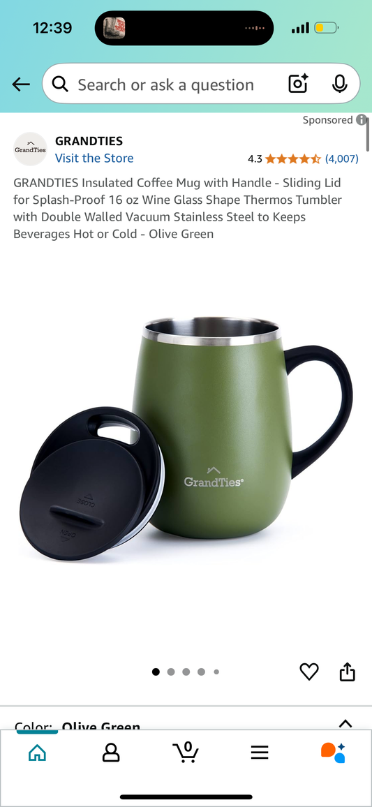 GRANDTIES Insulated Coffee Mug with Handle - Sliding Lid for Splash-Proof 16 oz Wine Glass Shape Thermos Tumbler with Double Walled Vacuum Stainless Steel to Keeps Beverages Hot or Cold - Olive Green