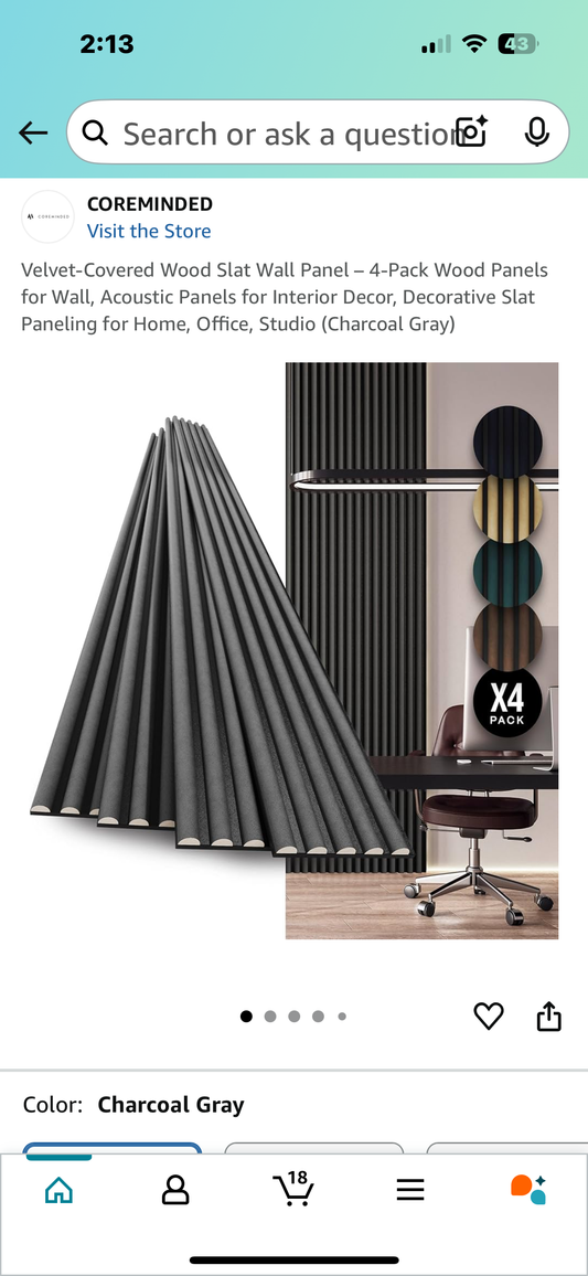 Velvet-Covered Wood Slat Wall Panel – 4-Pack Wood Panels for Wall, Acoustic Panels for Interior Decor, Decorative Slat Paneling for Home, Office, Studio (Charcoal Gray) (L949)